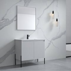 Dowell 36“ Fluted Bathroom Vanity Set – Assembled Cabinet Base with 2 Soft-Close Doors, Shelves & Ceramic/Resin Single Basin, Black/Golden Legs- 002 36 Series