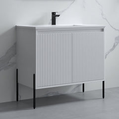 Dowell 36“ Fluted Bathroom Vanity Set – Assembled Cabinet Base with 2 Soft-Close Doors, Shelves & Ceramic/Resin Single Basin, Black/Golden Legs- 002 36 Series