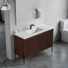 Dowell 48“ Fluted Bathroom Vanity Set – Assembled Cabinet Base with 3 Soft-Close Doors, Shelves & Ceramic/Resin Basin, Black/Golden Legs - 002 48 Series