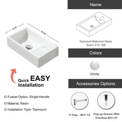 Dowell 18" Bathroom Resin Topmount Basin with Overflow - 4-3/8" Deep - 010 18B Series