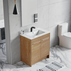 Dowell 30" Unassembled Freestanding Bathroom Vanity Kit with White Ceramic Basin - One or Two Soft-Close Doors, One Shelf - 012 Series - Oak Natural