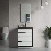 Dowell 24“ Single Bathroom Vanity Set- Freestanding Glossy White Vanity with Black Accents,Matte Black Resin Basin,Three Soft-Close Drawers - 024 Series