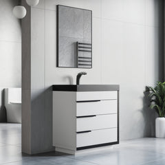 Dowell 30“ Single Bathroom Vanity Set- Freestanding Glossy White Vanity with Black Accents,Matte Black Resin Basin,Three Soft-Close Drawers - 024 Series