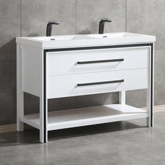 Dowell 48" Freestanding White Bathroom Vanity with Double Basin - One/Two Soft-Close Drawers and One/Two Open Shelves - 028 Series