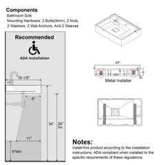 Dowell Wall Mounted Bathroom Sink Rectangular Bowl Stone Resin Sink Luxury ADA Compliant Sink Non-overflow & Single Faucet Hole Floating Sink Perfect for Every Bathroom - 070 2418 Series