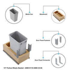 Dowell 15" Single Pull Out Wood Waste Container with Full Extension Soft-Close Slides, Bottom Mount