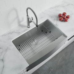 Dowell 30" L x 20" W Handcrafted Apron-Front Farmhouse Undermount Kitchen Sink 18 Gauge Stainless Steel 10" Depth Single Bowl With Grid Strainer