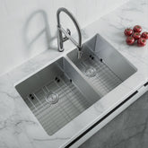 Dowell 33" L x 20" W Handcrafted Undermount Kitchen Sink 16 Gauge Stainless Steel 10" Depth Double Bowl With Grid Strainer