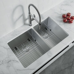 Dowell 33" L x 20" W Handcrafted Undermount Kitchen Sink 16 Gauge Stainless Steel 10" Depth Double Bowl With Grid Strainer