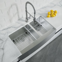 Dowell 35-7/8" L x 20-3/4" W Handcrafted Apron-Front Farmhouse Undermount Kitchen Sink 16 Gauge Stainless Steel 10" Depth Double Bowl With Grid Strainer