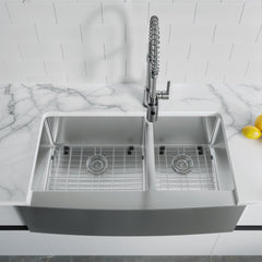 Dowell 35-7/8" L x 20-3/4" W Handcrafted Apron-Front Farmhouse Undermount Kitchen Sink 16 Gauge Stainless Steel 10" Depth Double Bowl With Grid Strainer