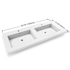 Dowell 60-7/8" Bathroom Topmount Resin Basin with Overflow - Two 19-3/4" Sinks, 4-3/4" Deep - 000 6122BP Series