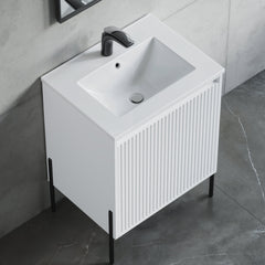 Dowell 24" Fluted Design Vanity Set – Modern Pre-Assembled Bathroom Cabinet with Soft-Close Doors & Shelf, Ceramic/Resin Basin, Black/Golden Legs - 002 24 Series