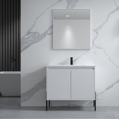 Dowell 36“ Fluted Bathroom Vanity Set – Assembled Cabinet Base with 2 Soft-Close Doors, Shelves & Ceramic/Resin Single Basin, Black/Golden Legs- 002 36 Series