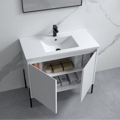 Dowell 36“ Fluted Bathroom Vanity Set – Assembled Cabinet Base with 2 Soft-Close Doors, Shelves & Ceramic/Resin Single Basin, Black/Golden Legs- 002 36 Series