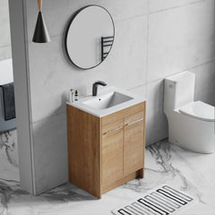 Dowell 24“ Unassembled Freestanding Bathroom Vanity Kit with White Ceramic Basin -  One or Two Soft-Close Doors, One Shelf - 012 Series - Oak Natural