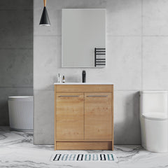 Dowell 30" Unassembled Freestanding Bathroom Vanity Kit with White Ceramic Basin -  One or Two Soft-Close Doors, One Shelf - 012 Series - Oak Natural