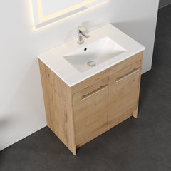 Dowell 30" Unassembled Freestanding Bathroom Vanity Kit with White Ceramic Basin -  One or Two Soft-Close Doors, One Shelf - 012 Series - Oak Natural