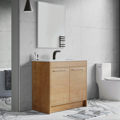 Dowell 36" Unassembled Freestanding Bathroom Vanity Kit with White Ceramic Basin -  One or Two Soft-Close Doors, One Shelf - 012 Series - Oak Natural