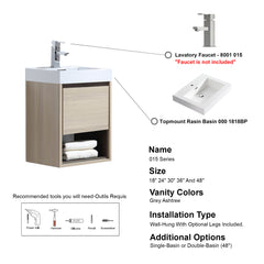 Dowell 18" to 48" Wall-Mounted Bathroom Vanity with Single Basin –  One Soft-Close Drawer, One Open Shelf (48" Adds Two Soft-Close Doors) - 015 Series - Grey Ashtree