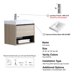 Dowell 24" Wall-Mounted Bathroom Vanity with Single Basin –  One Soft-Close Drawer, One Open Shelf - 015 Series - Grey Ashtree