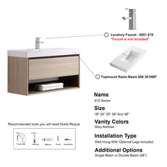 Dowell 36" Wall-Mounted Bathroom Vanity with Single Basin –  One Soft-Close Drawer, One Open Shelf - 015 Series - Grey Ashtree