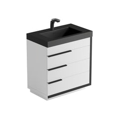 Dowell 30“ Single Bathroom Vanity Set- Freestanding Glossy White Vanity with Black Accents,Matte Black Resin Basin,Three Soft-Close Drawers - 024 Series