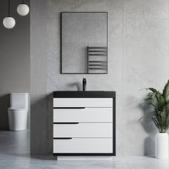 Dowell 30“ Single Bathroom Vanity Set- Freestanding Glossy White Vanity with Black Accents,Matte Black Resin Basin,Three Soft-Close Drawers - 024 Series