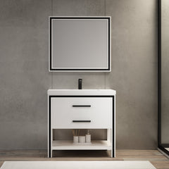 Dowell  36" Freestanding White Bathroom Vanity with Single Basin - One/Two Soft-Close Drawers and One/Two Open Shelves - 028 Series