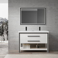 Dowell  48" Freestanding White Bathroom Vanity with Double Basin - One/Two Soft-Close Drawers and One/Two Open Shelves - 028 Series