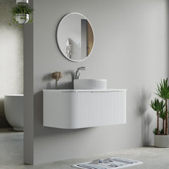 Dowell 42" Wall-Mounted/Floating Fluted Bathroom Vanity Combination Set - One 30" Fluted Base Vanity, Two Fluted Arc Sides, One Sintered Stone Top, One Fluted Vessel Sink - 032 42R Series