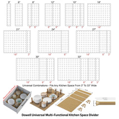 Dowell 4-Piece Wood Pegboard Drawer Organizer Set with 9 Wooden Pegs – Universal Adjustable System Creates Multiple Drawer Size Combinations (3"–33") for Pots, Pans & Plates – 4007 PEG Series