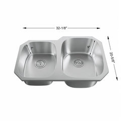 Dowell 32" Kitchen Undermount Double Bowl Sink - One 13-1/2" Bowl, 7" Deep, One 15-3/8" Bowl, 9" Deep, Stainless Steel 18/16 Gauge - 6001 Series
