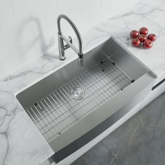 Dowell 35-7/8" L x 20-3/4" W Handcrafted Apron-Front Farmhouse Undermount Kitchen Sink 18 Gauge Stainless Steel 10" Depth Single Bowl With Grid Strainer