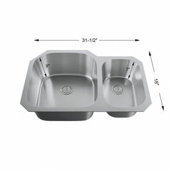 Dowell 31-1/2" Kitchen Undermount Double Bowl Sink - One 17-3/4 " Bowl, 9" Deep, One 10-3/8" Bowl, 7" Deep, Stainless Steel 18/16 Gauge - 6001 Series