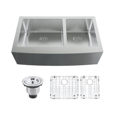 Dowell 35-7/8" L x 20-3/4" W Handcrafted Apron-Front Farmhouse Undermount Kitchen Sink 16 Gauge Stainless Steel 10" Depth Double Bowl With Grid Strainer
