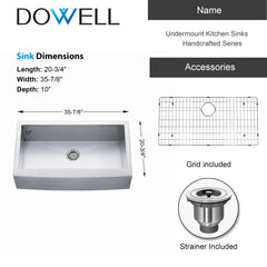 Dowell 35-7/8" L x 20-3/4" W Handcrafted Apron-Front Farmhouse Undermount Kitchen Sink 18 Gauge Stainless Steel 10" Depth Single Bowl With Grid Strainer