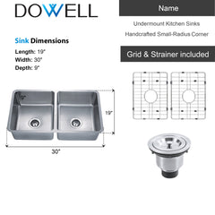 Dowell 30" Kitchen Undermount Double Bowl Sink - Two 13-1/2" Bowls, 9" Deep, Small Radius Corners, Stainless Steel 18 Gauge - 6005 Series